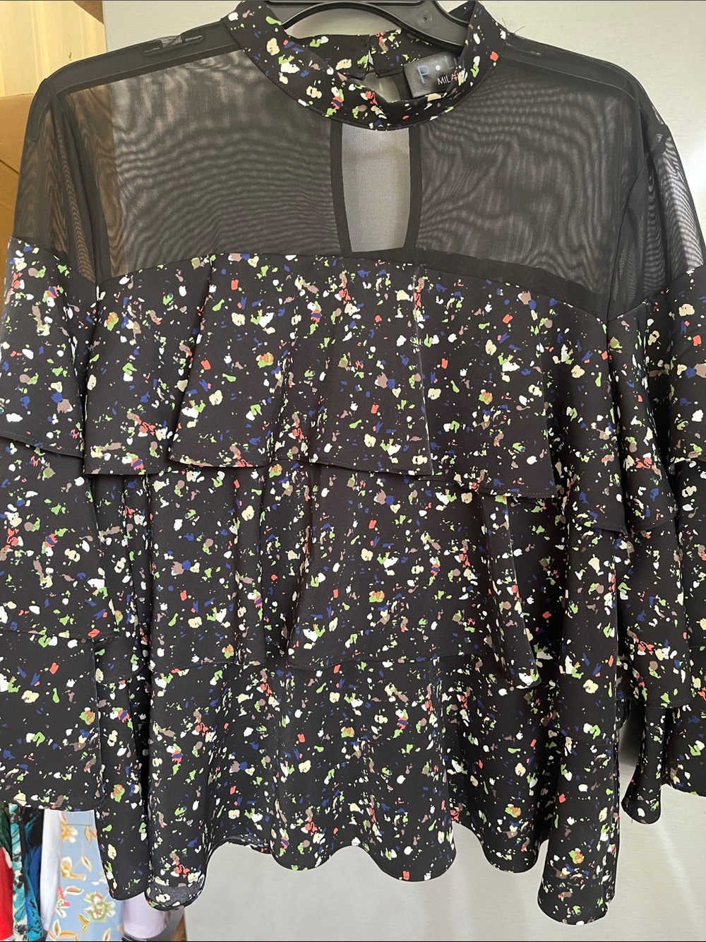 Sheer Yoke Black Floral Speckle Ruffle Blouse